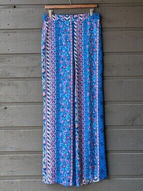 Zara Lightweight Satin Wide Leg Blue Floral Stripe Mixed Pattern Pants Large